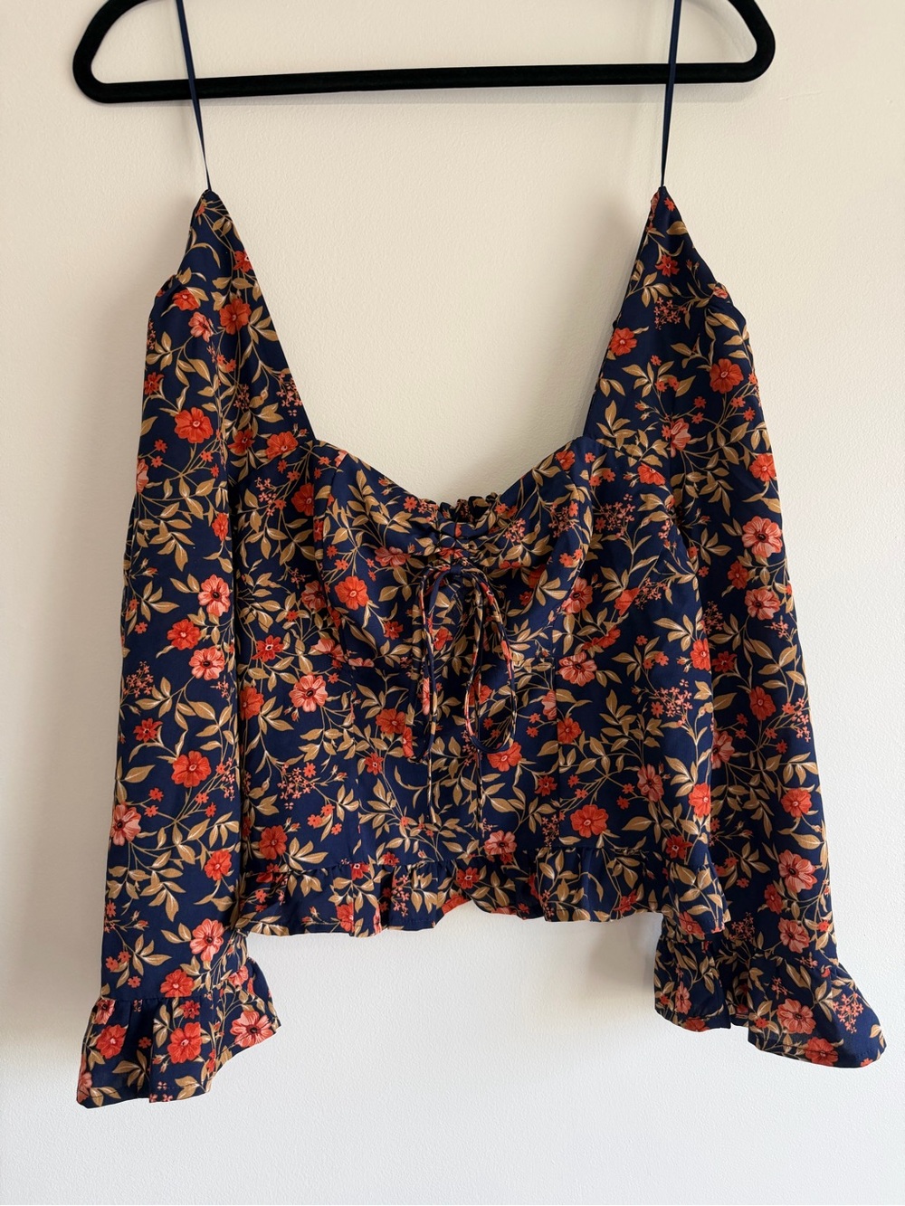 Milk & Honey Floral Tie-Front Navy Boho Top